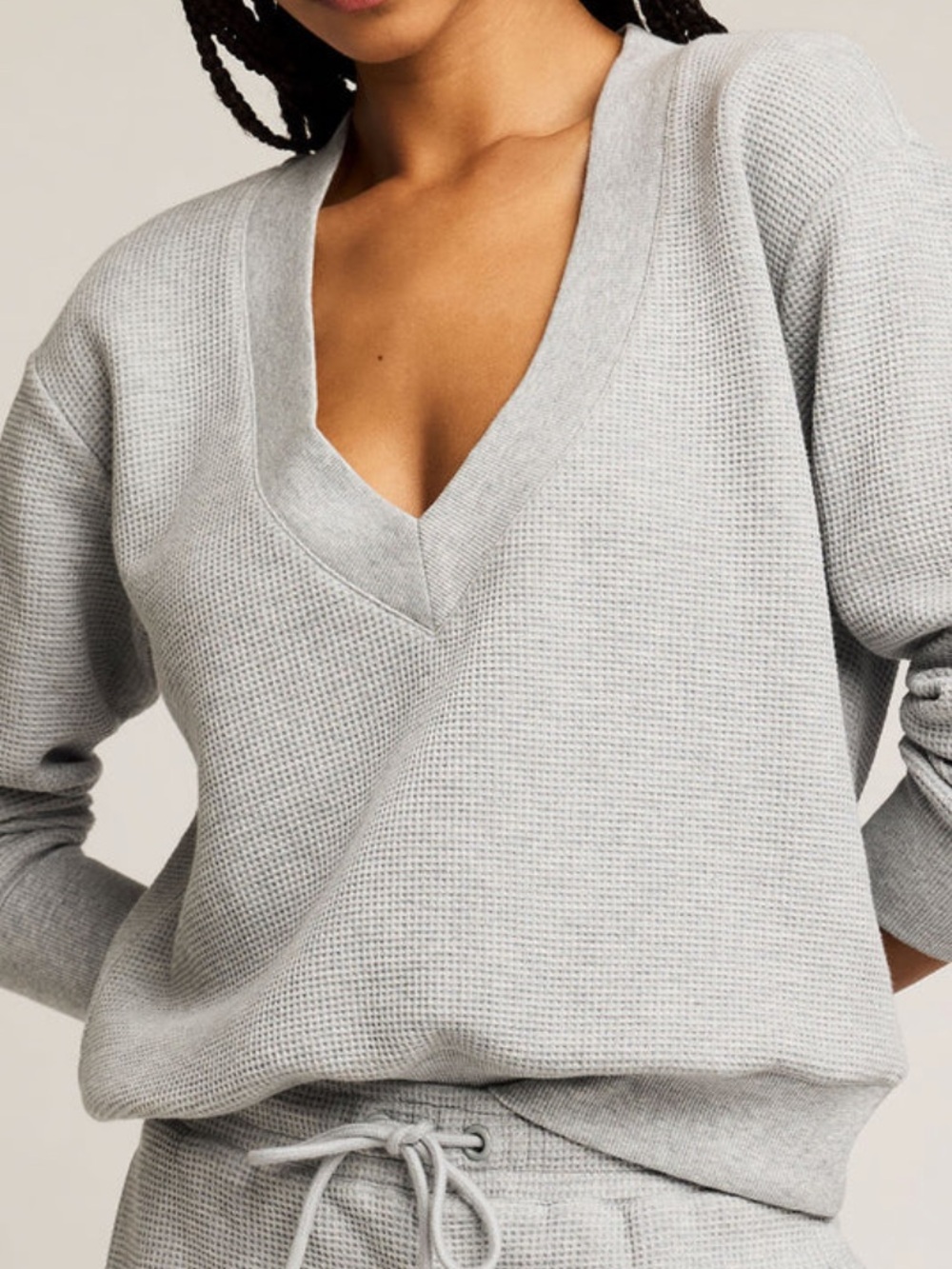 Negative underwear V-Neck Waffle Knit Sweater in Light Gray